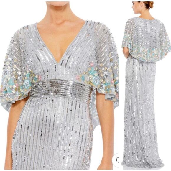 Mac Duggal 5221 Sequins Floral Embellished Cape Sleeves Platinum Gown 12 NWT - Picture 2 of 11